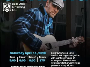 DAVE GUNNING DINNER CONCERT Saturday April 11, 2026 Doors Dinner Concert Tickets 5:00 6:00 8:00 $75 Bragg Creek Snowbirds Chalet 19 Balsam Ave, Bragg Creek, AB For tickets visit braggcreekperformingarts.com or call Ticketpro 1 888 655 9090 Dave Gunning is a Nova Scotian folk singer-songwriter with over twenty years of touring and fifteen albums. He’s known for his warm stage presence, sharp wit, and songs celebrating working people and community life. Join Dave for an evening of heartfelt stories and songs as he celebrates the release of Field Notes.